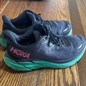 Hoka Women's purple Upper with Teal Midsole and Pink Logo Running Shoes